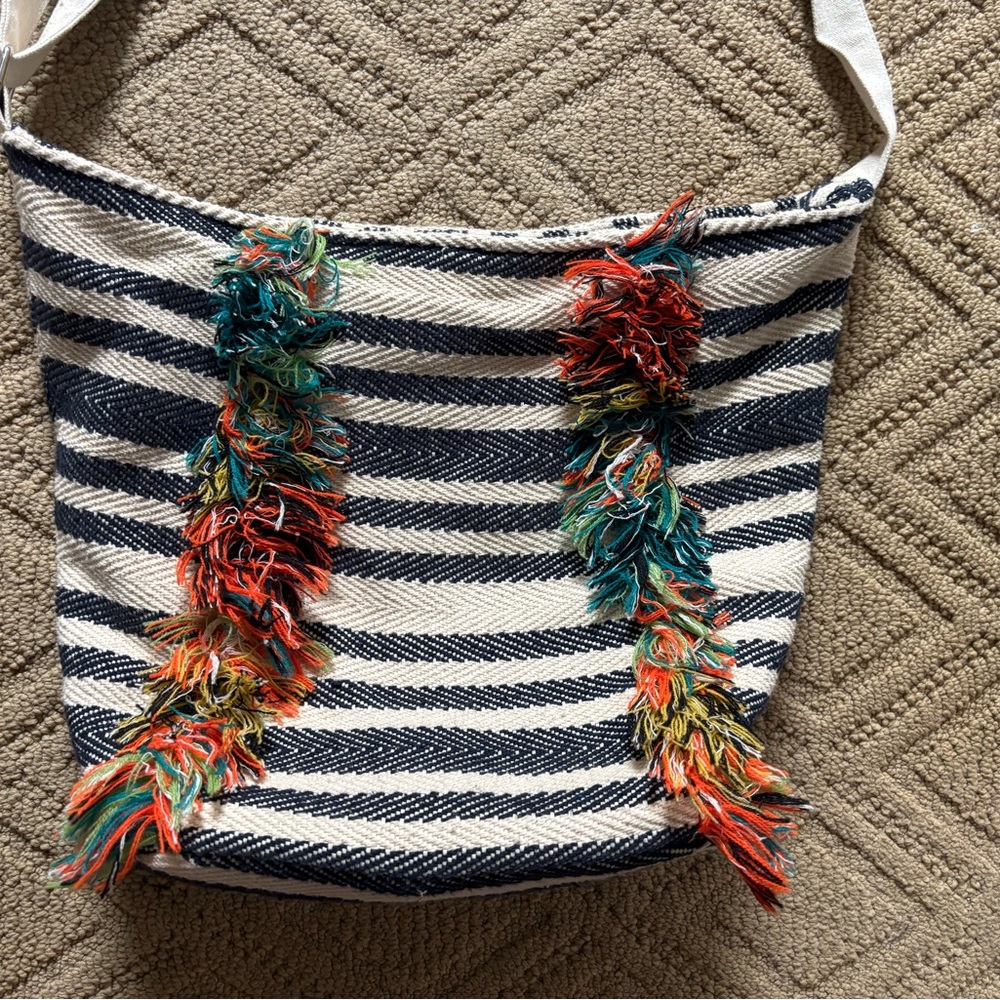 Striped Canvas Shoulder Bag with Multicolor Fringe